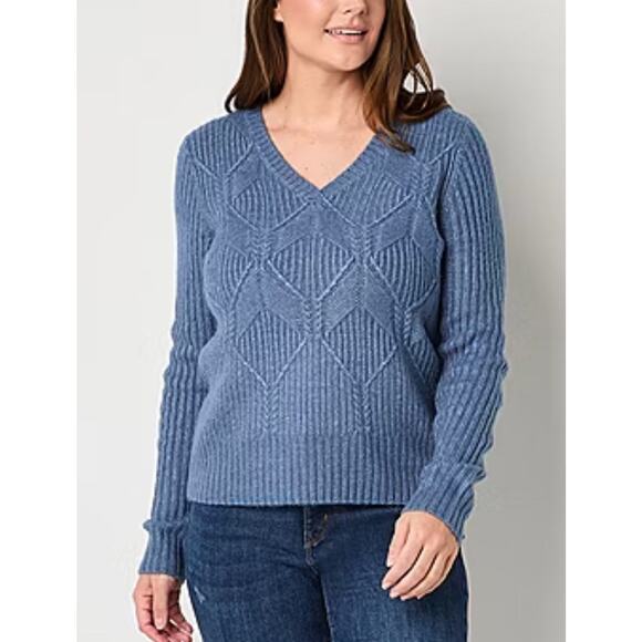St John's Bay Women's Sweater Soft Ribbed Blue V-Neck Pullover Knit - Size Small - Picture 1 of 7